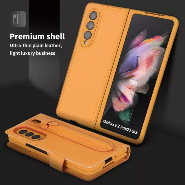 Genuine Leather Hinge Flip Case Fr Samsung Galaxy Z Fold5 4 3 S-Pen Holder Cover