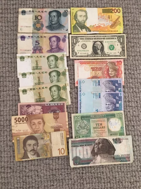 15 Mixed World Bank Notes from USA,China,Malaysia,Egypt,Belgium...Nice set