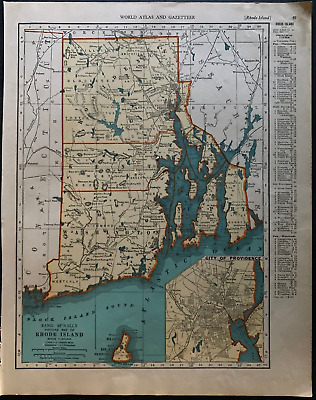 1938 Collier's World Atlas & Gazetteer - 11 x 14 Map Rhode Island & S. Carolina