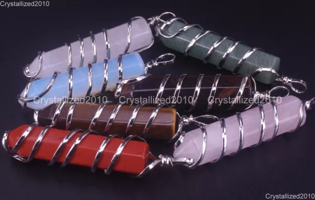 Natural Gemstone Twisted Line Long Hexagonal Reiki Chakra Healing Pendant Beads 2
