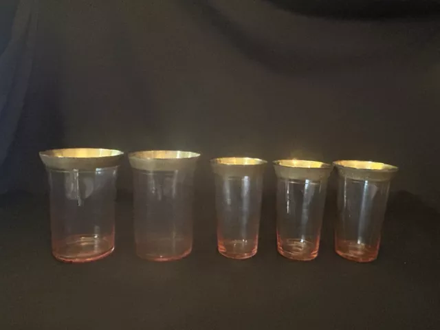 Vtg Set 5 Gold Rim Pink Glass Drinking Juice Cups Tiffin Franciscan Minton ?