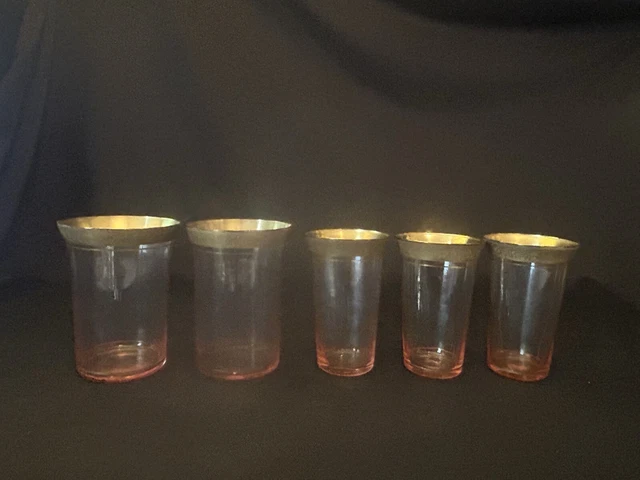 Vtg Set 5 Gold Rim Pink Glass Drinking Juice Cups Tiffin Franciscan Minton ?