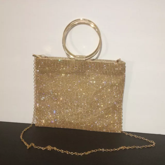 Nina New York Rhinestone Gold Glitter Shoulder Clutch Carry Evening Bag Purse