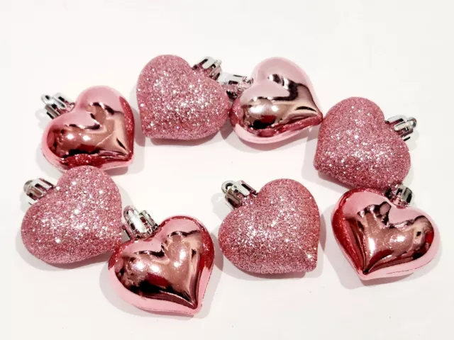 Valentines Day Pink Glitter Plastic Hearts Tree Ornaments Decor 8pc 1.75"