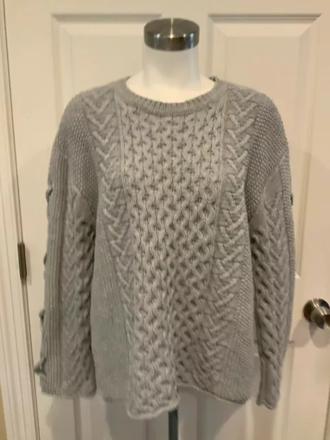 John + Jenn Light Gray Cable Knit Sweater W/ Lace-Up Sleeves, Size Large