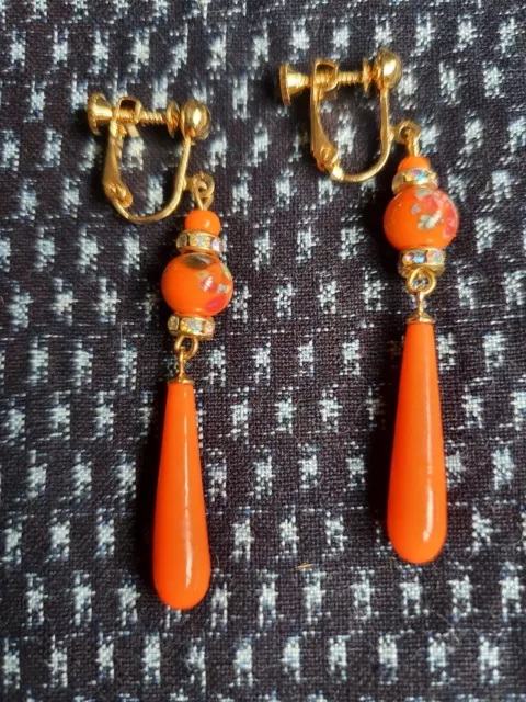 Vintage bright orange torpedo drops & AB  beads EARRINGS - GP screw-in clip-ons