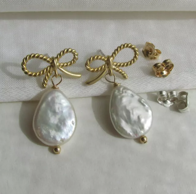 Biwa Zucht Perlen Ohrringe Schleifchen Ohrstecker 585 14K vergoldet 925 Silber