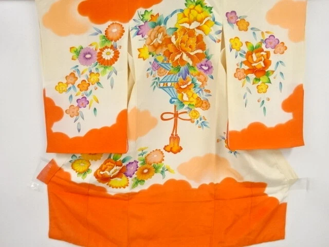 45044# Japanese Kimono / Antique Kimono For Girls / Embroidery / Flower Basket P