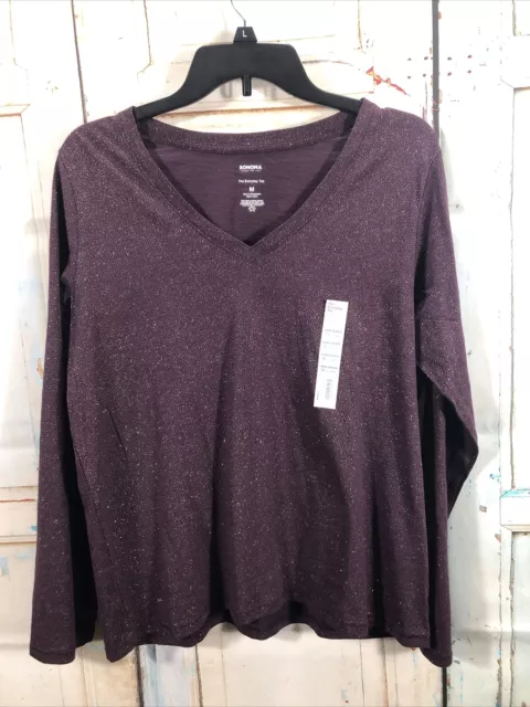 NWT Women's Sonoma Deep Purple Sparkle V-Neck Long Sleeve T-Shirt Size Medium