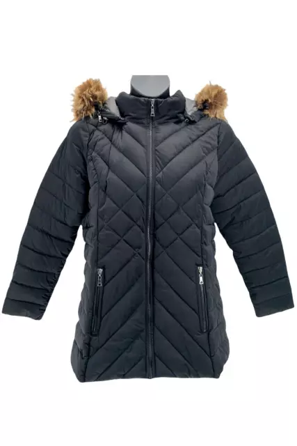 Nuage Mixed Quilted Puffer Coat w/ Removable Hood and Faux Fur Black