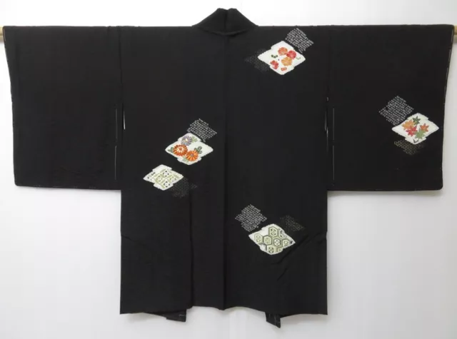 0507T07z620 Vintage Japanese Kimono Silk HAORI Black Chrysanthemum