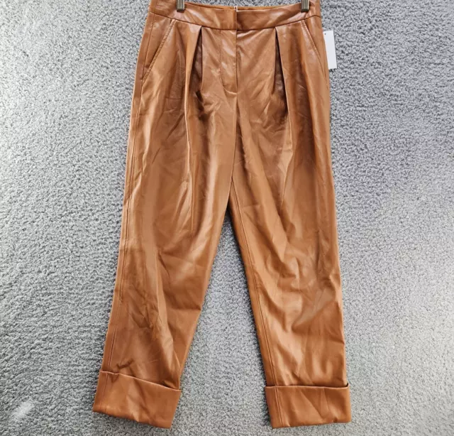 Trina Turk Gilded Faux Leather Pants Women's 2 Nutmeg Brown Pleated Cuffed~