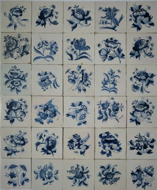 30 Dutch Delftware Delft faience tile carreaux flowers bouget, birds, insects..