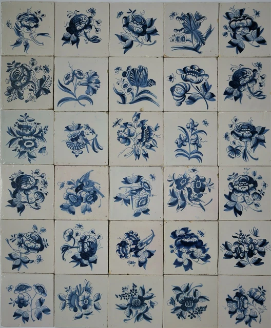30 Dutch Delftware Delft faience tile carreaux flowers bouget, birds, insects..