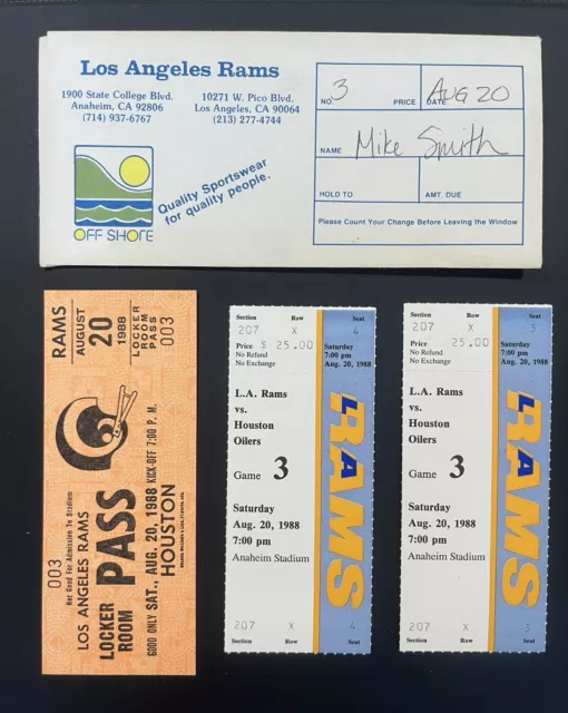 1988 LOS ANGELES RAMS Oilers NFL FOOTBALL FULL TICKET lot Plus Locker Room pass