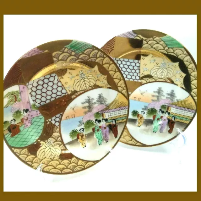 Plates with Geisha Scenes Vintage Gold Japanese Asian Hand Painted VERY RARE