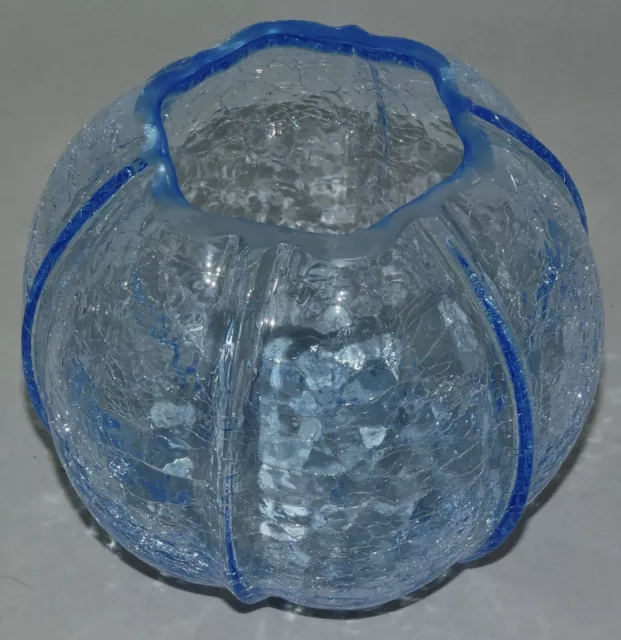 Vintage Azure Blue Crackle Glass Rose Bowl Large