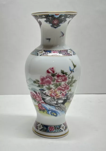 Vintage Martha Washington Lenox Vase Floral & Birds Fine Porcelain 7.5" Tall