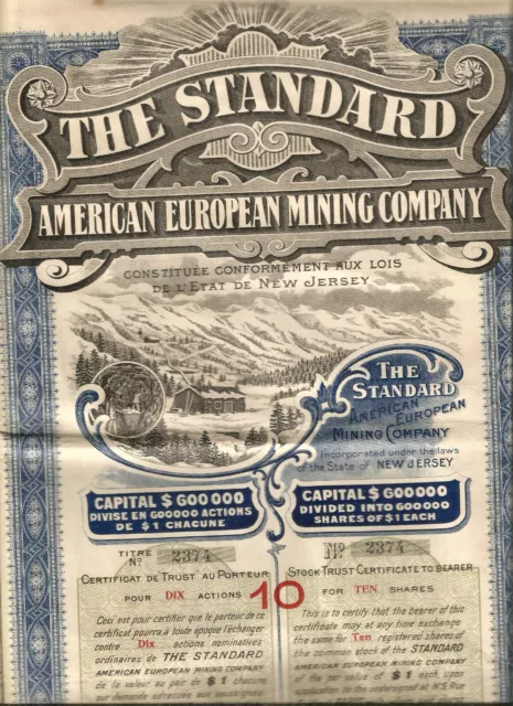 Paris 1909 .ACTION THE STANDARD - AMERICAN EUROPEAN MINING COMPANY (NEW JERSEY)