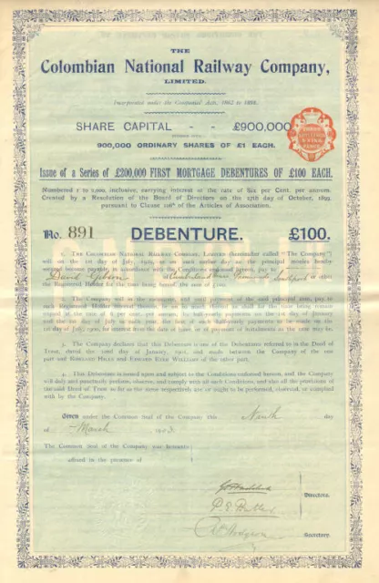 Colombian National Railway Colombia bond certificate