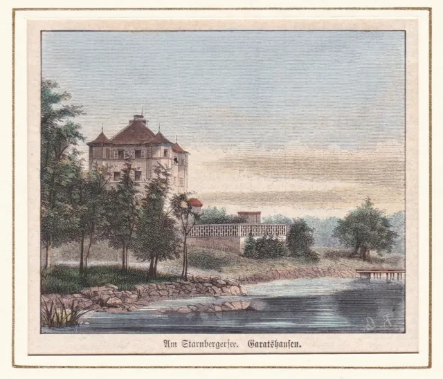 Starnberger See Bayern Ansicht Holzstich woodcut 1880