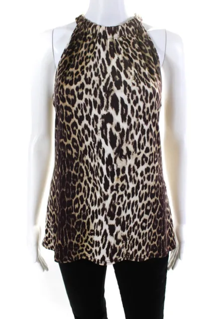 Elie Tahari Womens Brown Leopard Print Halted Neck Sleeveless Blouse Top Size M