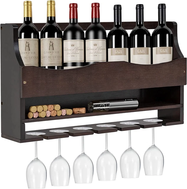 Wall Mounted Wine Rack Bamboo,  Wine Bottles Holder with Hanging Stemware Glasse
