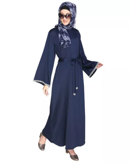 New Shimmer Trim Blue Dubai Style Abaya Kaftan Muslim Islamic Women Dress