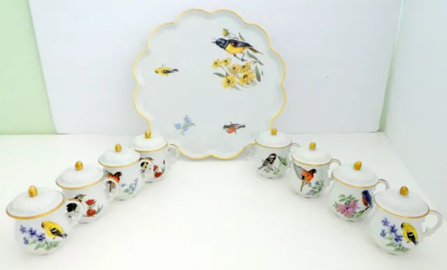 Limoges France Pot De Creme w Lids BIRDS Floral Set of 8 + Tray VINTAGE