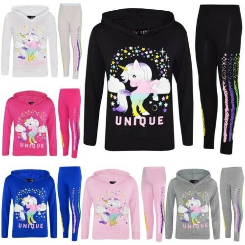 Bambini Top Dabbing Unicorn Floss Arcobaleno con Cappuccio Set Leggings Tuta