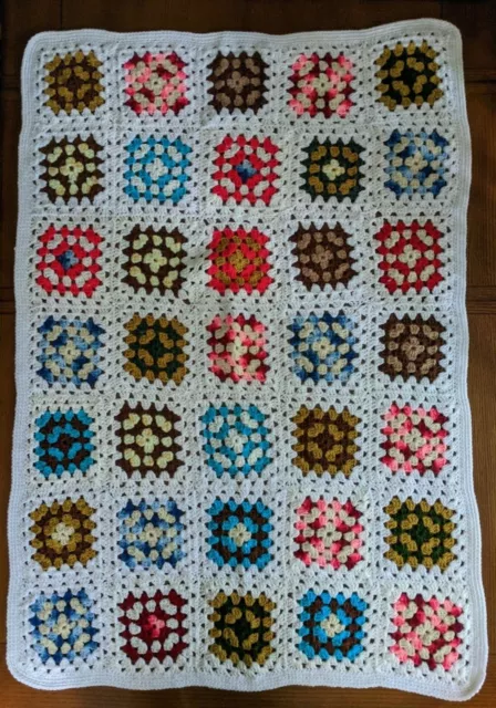 Afghan Granny Square Multicolor Crochet Blanket Throw Handmade Vintage Colorful