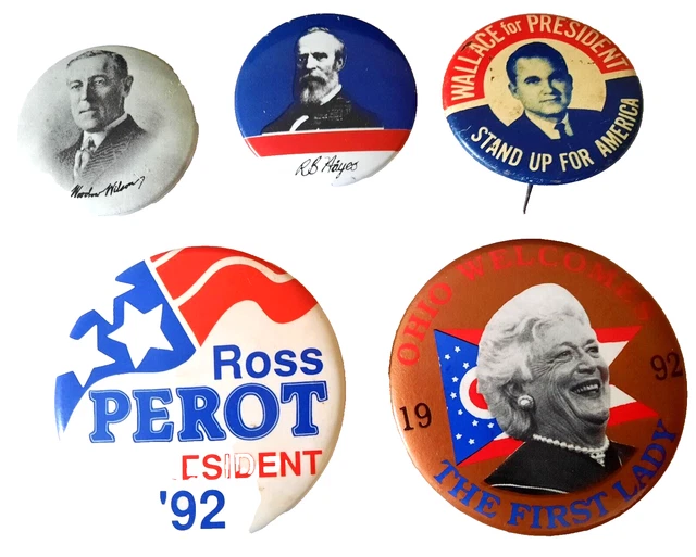 POLITICAL LAPEL PINS 5 pc Lot Perot, Wallace, B. Bush, Hayes