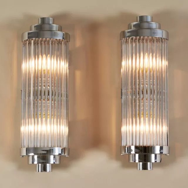 Pair Vintage Old Art Deco Nickel Brass & Glass Rod Ship Light Wall Sconces Lamp