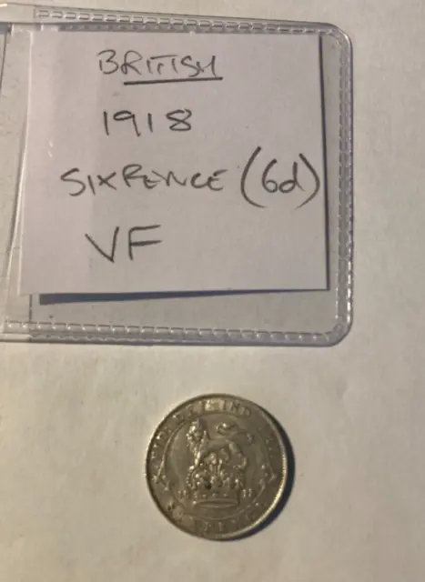 British Sixpence (6d) - 1918, George V - VF, 0.925 Silver (free postage)