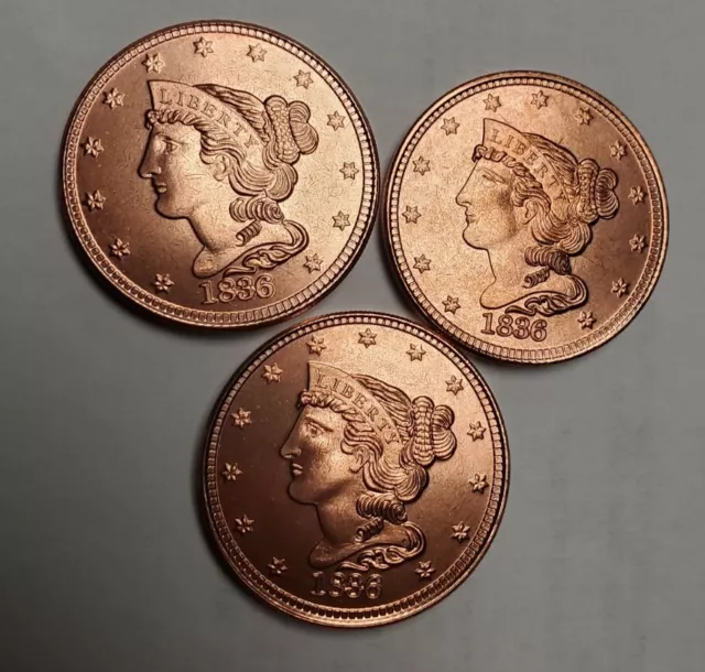 AU BU 1836 Large Cent RESTRIKE COPPER BULLION LOT of 3 .999 PURE 1 oz. coins