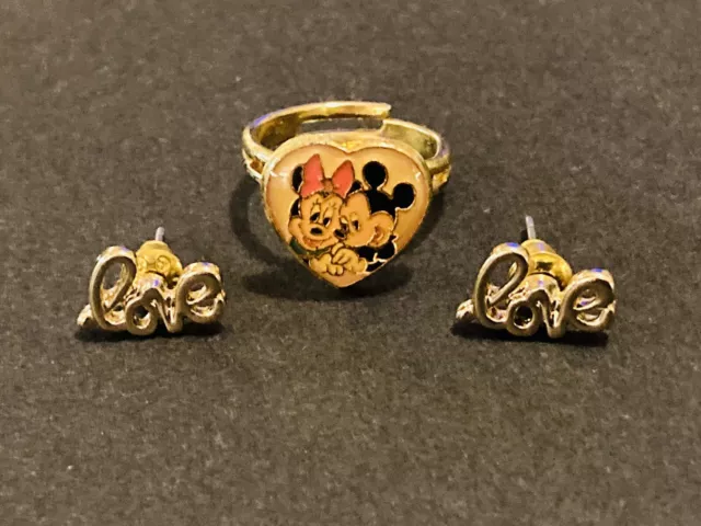 Sweet Vintage Mickey & Minnie Mouse Child’s Ring & Small Love Earrings