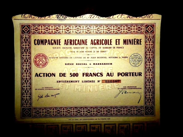 Compagnie Africaine Agricole et Minière ,Morocco 1952 share certificate
