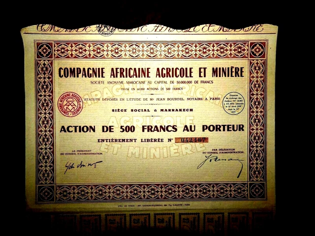 Compagnie Africaine Agricole et Minière ,Morocco 1952 share certificate