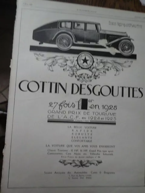 COTTIN & DESGOUTTES palmarès automobile publicité papier ILLUSTRATION 1926
