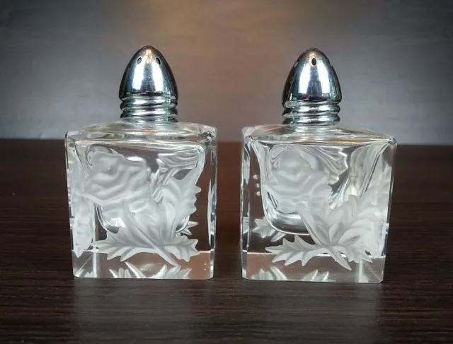 Lovely Pair IW Rice Japan Square Crystal Etched Rose Salt Pepper Shakers Labels
