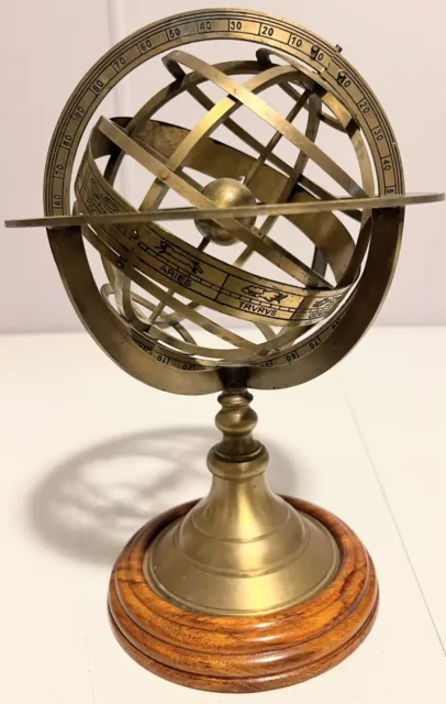 Vintage Antique Armillary Sphere Zodiac Horoscope Brass Wood