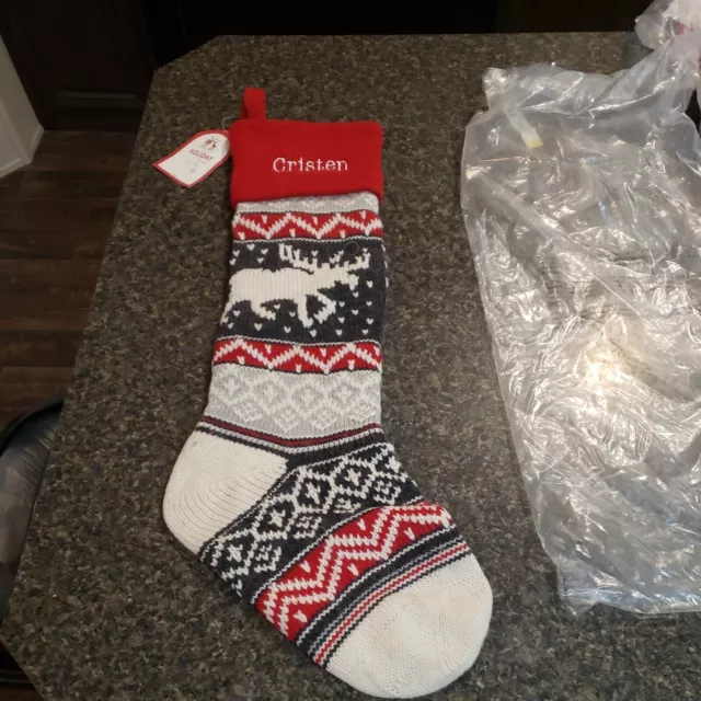 NWT Pottery Barn Kids natural fair isle knit MOOSE Christmas stocking “Cristen "