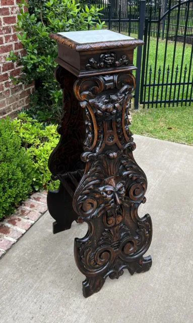 Antique French Pedestal Plant Stand Marble Top Carved Oak 48" T Display Table