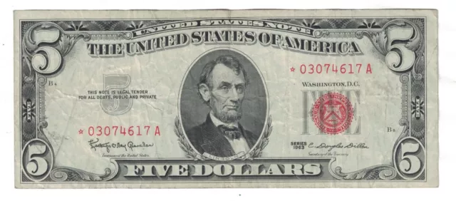 1963 $5 Five Dollars Red Seal Star Note Fr.1536*