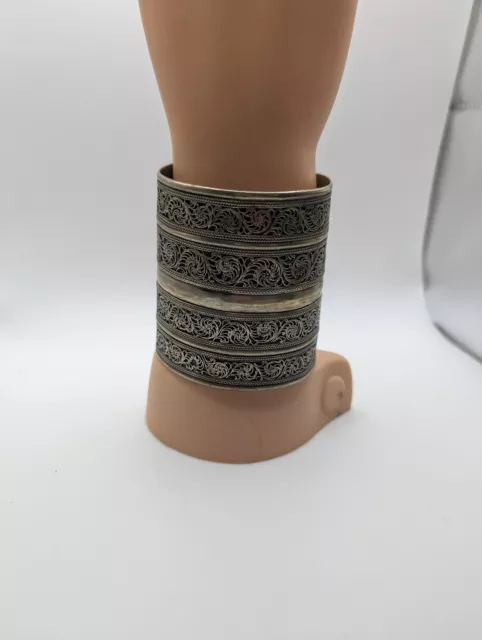 Tibetan Silver Tone 3 Inch Wide Cuff Bracelet w/ Filigree Design Boho 70's