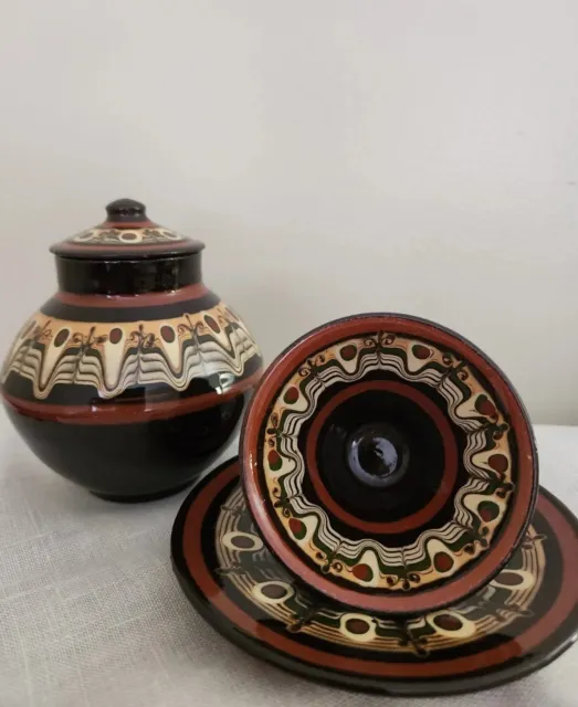 Bulgarian Troyan Pottery Tea Set Redware w/ Peacock Feather Drip Glaze Drip Ware