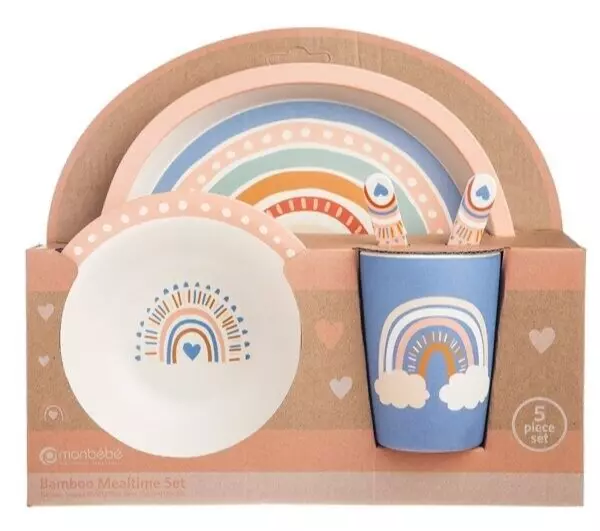 Kids Mealtime Set 5 Piece Rainbow Bamboo Monbebe NEW