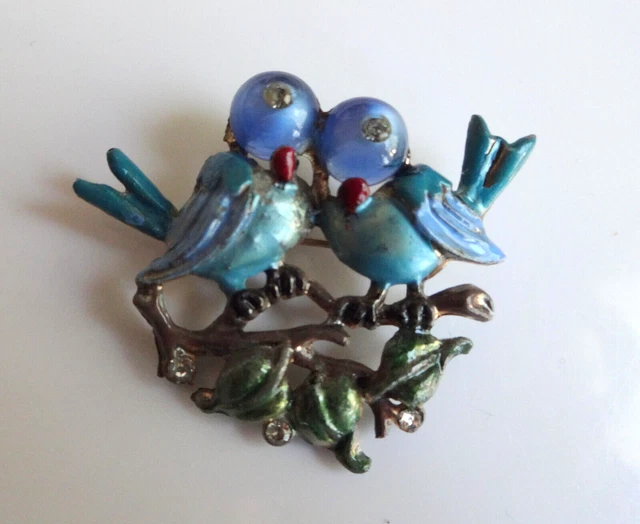 Blue Birds Love Pair Vtg Pot Metal Pin Brooch Enamel Rhinestones Rare