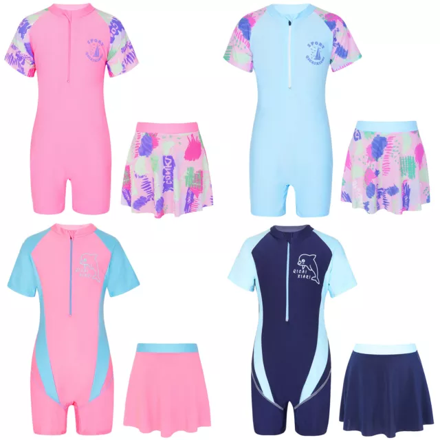 GIRLS ONE PIECE Athletic Swimsuits Short Sleeve Rash Guard Swimwear