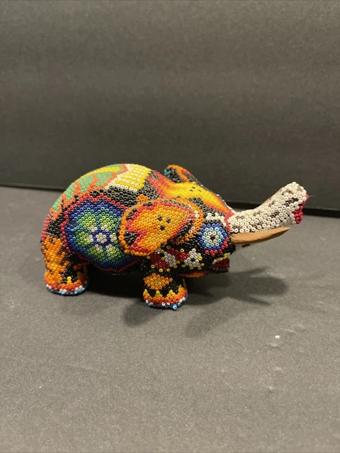 Vintage Mexican Huichol Folk Art Multicolor Beaded Wood Elephant Figurine